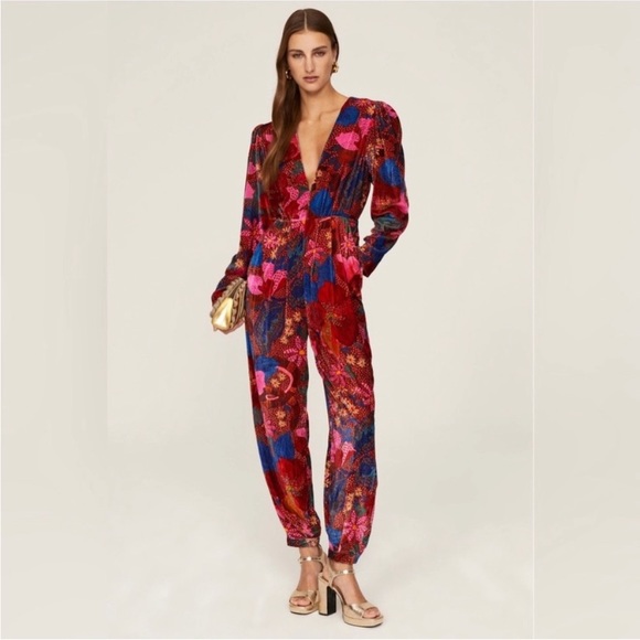 FARM Rio Pants - Farm Rio Red Wild Life Floral Print Velvet Jumpsuit In Snake Garden